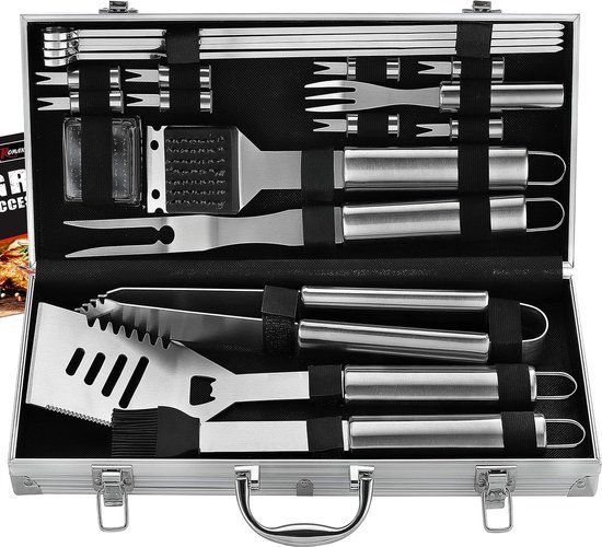 Barbecue-accessoires, roestvrij staal, hoogwaardig BBQ-bestek, met draagbare opbergkoffer, perfecte barbecue-gereedschapsset voor mannen, met vleesthermometer, cadeau,