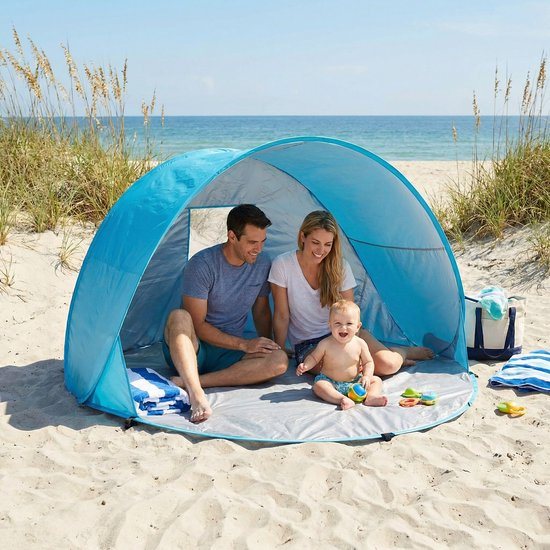 Strandtent Pop Up - Blauw - Opvouwbaar - UV 50+ bescherming - Incl. Draagtas & Haringen - Geschikt voor 2 volwassenen