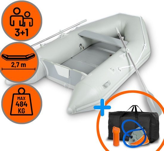 EBERTH Opblaasbare boot, visboot, waterfiets, gemaakt van robuust PVC voor buitenboordmotoren, 3 personen + 1 kind, 2,70m x 1,50m boot met zitbank, 2 peddels, houten vloer, reparatieset, pomp, draagtas, tot 485 kg
