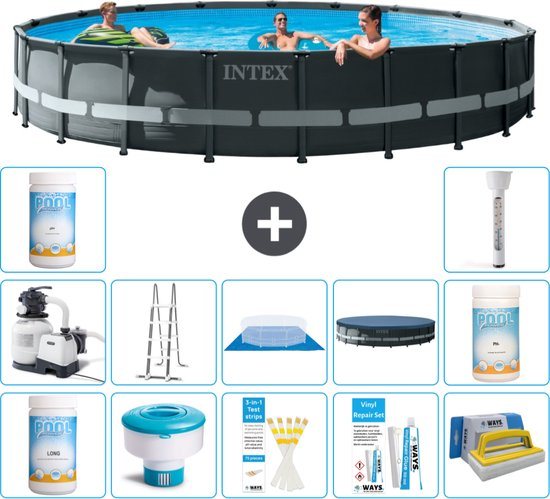 Intex Rond Ultra XTR Frame Zwembad - 610 x 122 cm - Inclusief Pomp - Ladder - Grondzeil - Afdekzeil Chloor - Chloordrijver - Testrips - Reparatiesetje - Scrubborstel - PH-waarde - PH-waarde - Thermometer
