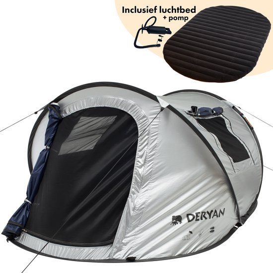 Deryan Dome Pop Up Tent - Luchtbed - Luchtpomp - 2 persoons - Zilver