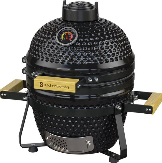 KitchenBrothers Kamado BBQ - BPA en PFAS Vrij - 13 Inch Houtskool Barbecue - 27⌀ cm - Deluxe Set - Egg BBQ met Accessoires inclusief Hoes - Zwart