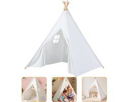 Tipi Tent - Wigwam Speeltent met Ramen van Katoen -120x120x130cm - Wit