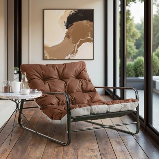 HomeMiYN Industriële 1-Zits Bank – Stalen Buis Frame Fauteuil – Comfortabele Solo Sofa in Koffie & Grijs Design – Compact Lounge Meubel voor Woonkamer