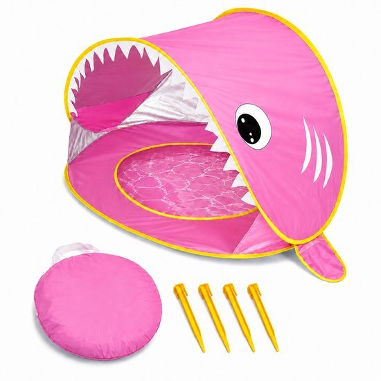 Baby Strandtent met Zwembadje – Pop-up Zonnetent met UV50+ Bescherming – Opvouwbare Strandtent voor Baby & Peuter – Inclusief Draagtas – Roze
