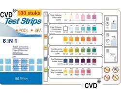 CVD® High Quality Teststrips zwembad 6 in 1 - Zwembad / Jacuzzi Test strips - 100 STUKS 6-in-1 -- Zwemwater kwaliteit -- Zwembadonderhoud -- PH Strips Test: 1. Totale Chloor 2. Vrije Chloor 3. Hardheid 4. Alkaliteit 5. PH waarde 6. Cyanuurzuur