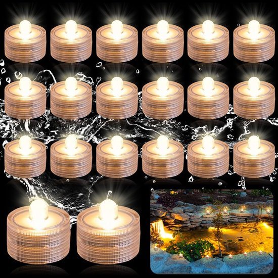Mini waterdichte ledlampjes, set van 20 stuks. Waterdichte led-kaarslampjes, vlamloze kaarsen voor aquaria, geschikt voor decoratie in zwembaden, vijvers, aquaria en vazen [Energie-effici毛ntieklasse A]