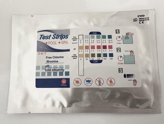 CVD® High Quality Teststrips zwembad 3 in 1 verpakt in een zak - PH en Chloor - 3 in 1 Zwembad / Jacuzzi Test strips - 50 STUKS 3-in-1 -- Zwemwater kwaliteit -- Zwembadonderhoud -- PH Strips Test: 1. Vrije Chloor 2. PH waarde 3. Alkaliteit