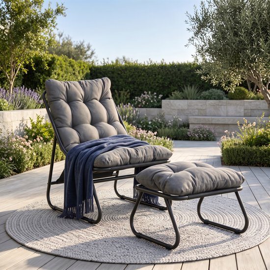 Intebiki loungestoel met poef 65 x 78 x 86 cm - terrasstoelen - ergonomische tuinstoelen - Met Voetenbank En Dikke Kussens - Geschikt voor woonkamer, slaapkamer of kantoor - Grijs