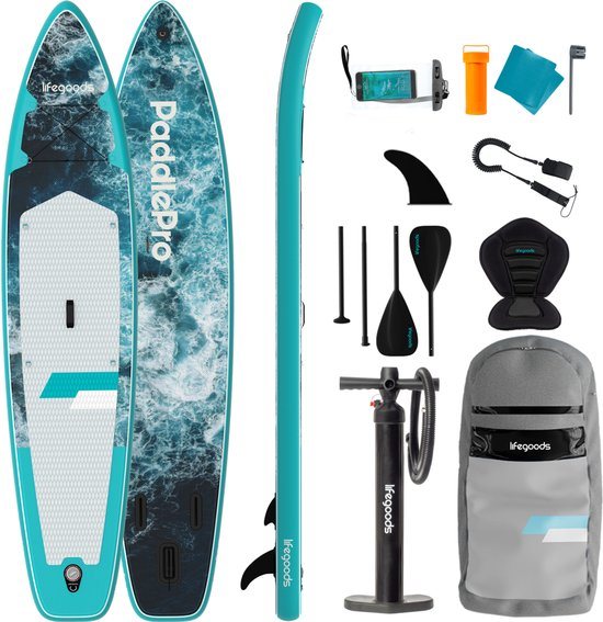 LifeGoods SUP Board Touring - met Zitje - 180 KG Draagkracht - 365 x 76 cm - Opblaasbaar - Compleet Sup pakket - Donkerblauw