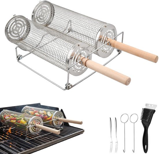 Dailygoods - 2 stuks grillrooster 30 cm, 29 cm, ronde grillspies van roestvrij staal met 2 afneembare houten handgrepen, 2 haken, 2 vorken, borstels, houders, manden voor barbecue, barbecue-accessoires