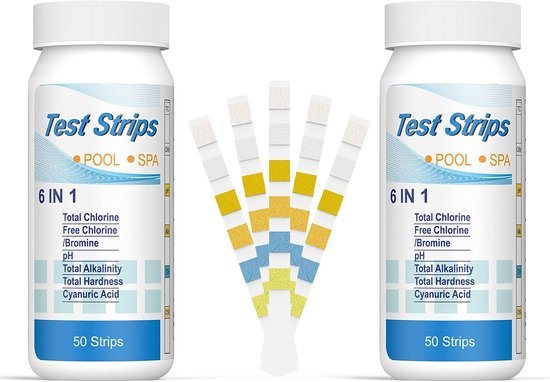 6-in-1 teststrips voor zwembadwater, broomteststrips, pH-teststrips voor waterkwaliteit (chloor, broom, alkaliteit, cyanuurzuur, waterhardheid) - Algemene tester (100 stuks)