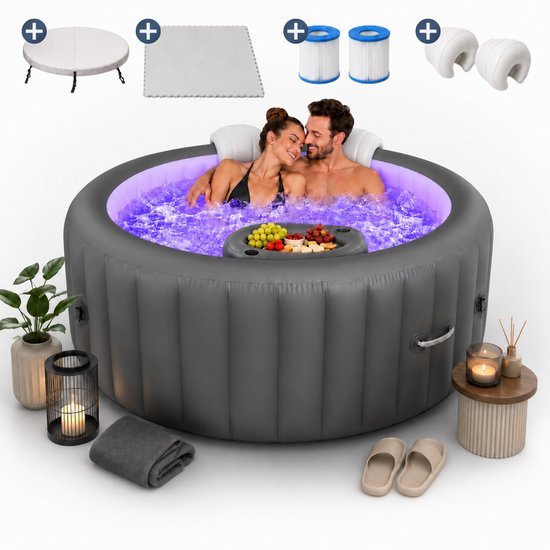 Opblaasbare Jacuzzi – Hottub – Jacuzzi – Inclusief 2 Hoofdkussens, 2 Filters, vloermat – Jacuzzi Opblaasbaar – Bubbelbad – Voor Binnen en Buiten – Automatisch Opblaasbaar
