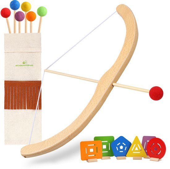 Bogenkönig Pijl en boog houten speelgoed voor kinderen, met 6 pijlen en 6 bijpassende kleurdoelen en pijlvak, boogschieten voor kinderen binnen en buiten, speelgoed vanaf 3 jaar