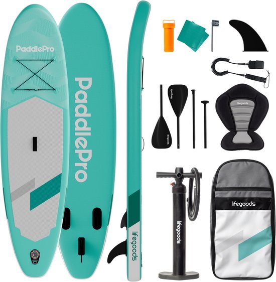 LifeGoods SUP Board Allround Compact - met Zitje - 120 KG Draagkracht - 300 x 76 cm - Opblaasbaar - Compleet SUP pakket - Mintgroen