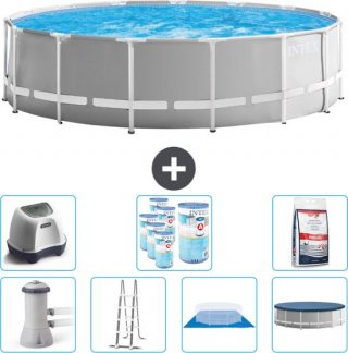 Intex Rond Prism Frame Zwembad - 457 x 122 cm - Grijs - Inclusief Pomp - Ladder - Grondzeil - Afdekzeil Zoutwatersysteem - Filters - Zwembadzout