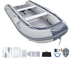 Opblaasboot, Sportboot voor 6 Personen met Spiegel, 680 Kg Draagvermogen, Houten Vloer van Maritieme Kwaliteit, Verstelbare Aluminium Bank, Visvlot met Roeispanen, Luchtpomp En Draagtas