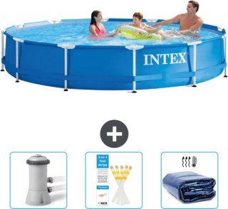 Intex Rond Frame Zwembad - 366 x 76 cm - Blauw - Inclusief Zwembadfilterpomp - Testrips - Solarzeil