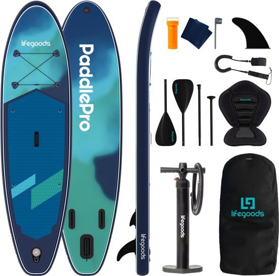LifeGoods SUP Board Allround Compact - met Zitje - 120 KG Draagkracht - 300 x 76 cm - Opblaasbaar - Compleet SUP pakket - Blauw/Groen