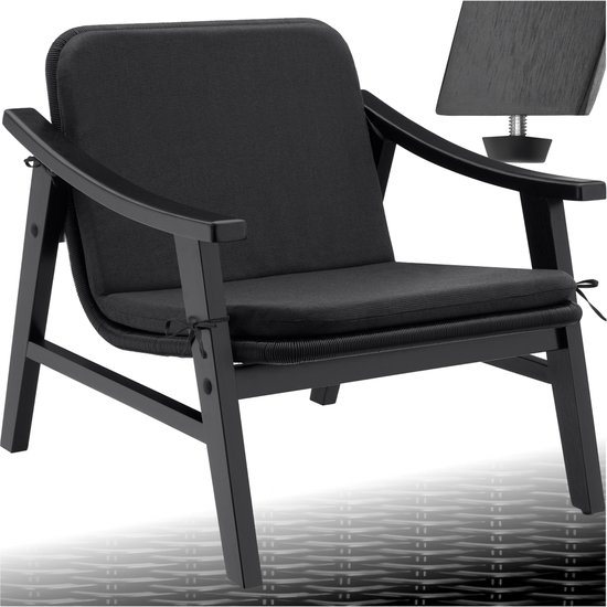 tectake® Houten Tuinstoel Treviso - Stoel voor Balkon, Tuin, Terras - Wicker Tuin Stoel met Rieten Zitvlak - Frame van Hout - Fauteuil voor Binnen of Buiten - Draagvermogen tot 150kg - Zwart