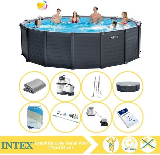 Intex Graphite Gray Panel Zwembad - Opzetzwembad - 478x124 cm - Inclusief Filterzand, Stofzuiger, Zoutsysteem en Zout
