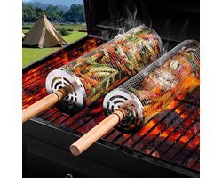 Rollende grillmandenset - 2 stuks - met houten handvat - BBQ accessoires - camping - outdoor grillen - groenten - friet - vlees - vis