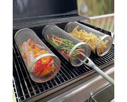 K&R Ventures® Rollende Grillmand – 30 cm RVS BBQ Grillkooi – Met Vork & Haak – Barbecue Accessoire voor Groenten, Vlees, Vis – Camping & Kamperen