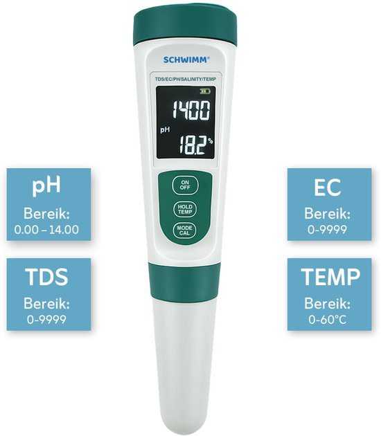 Schwimm® Digitale zwembadtester pH en zoutgehalte - Oplaadbaar - Zoutgehaltemeter - Spraakfunctie - Met Kalibratieset