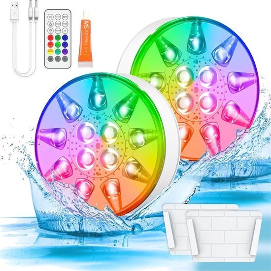 2 stuks zwembadverlichting - 16 kleuren onderwater LED-lamp - Met afstandsbediening en timer - Oplaadbaar IP68 waterdicht - Onderwaterlamp - Dimbaar - Sfeerverlichting - Geschikt voor vijver, zwembad, bad, feestdecoratie - Wit