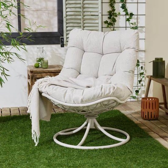 Draaistoel voor Buiten – 360° Draaibaar – Incl. Kussen – Zandkleur – 67x82x91 cm – Tuinstoel Balkon & Tuin – Staal Frame