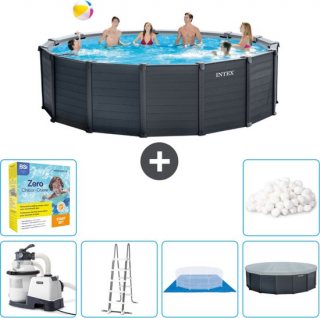 Intex Rond Graphite Gray Panel Zwembad - 478 x 124 cm - Inclusief Pomp - Ladder - Grondzeil - Afdekzeil Onderhoudspakket - Filterbollen