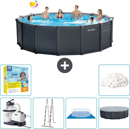 Intex Rond Graphite Gray Panel Zwembad - 478 x 124 cm - Inclusief Pomp - Ladder - Grondzeil - Afdekzeil Onderhoudspakket - Filterbollen