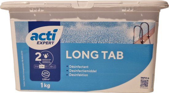 Acti Long tab chloor tabletten 1kg - 250 grams (Enkel geschikt voor de Belgische markt, niet toegelaten in Nederland) - Zwembad Chloor