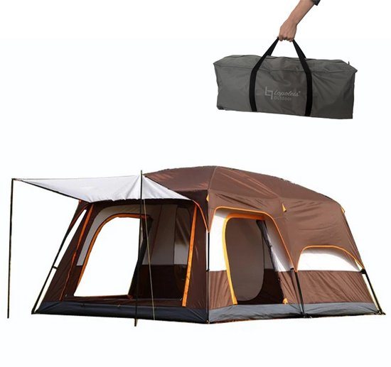 Lopoleis® Kampeertent – Familietent tent 5+ personen– Koepeltent – Tunneltent – Waterdicht Oxford doek – Bruin – 430x305x200cm