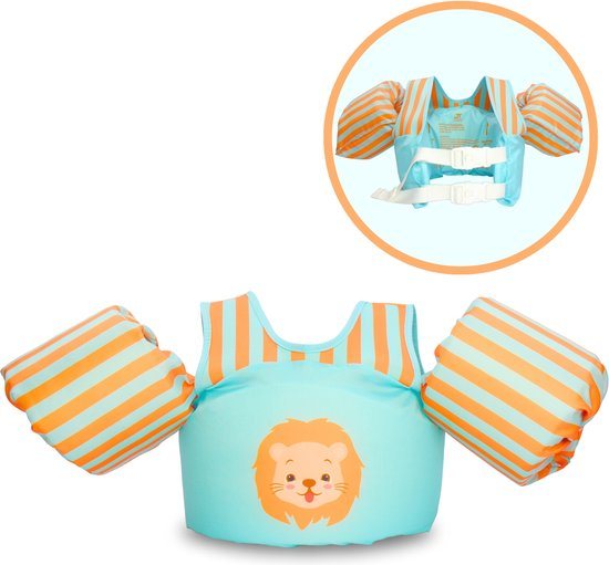 Puddle Jumper Leeuw – Zwembandjes – Zwemvest – Reddingsvest Kind - Voor Kinderen van 2 tot 6 jaar - 15 tot 30kg – Drijfvest – Zwemvleugels – Zwemmen – Swimtrainer – Zwemgordel – Zwemkurk - Verstelbaar – Blauw – Dubbele Sluiting – One Size