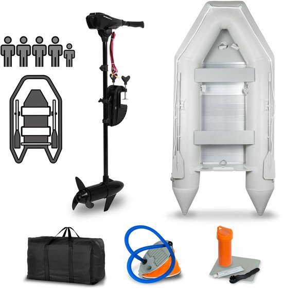 EBERTH opblaasboot met motor, 4 personen, 60 LBS stuwkracht, geen vaarbewijs nodig, visboot met elektrische buitenboordmotor, zitbanken, vaste romp, buitenboordmotor, 2 peddels, pomp, reparatieset, tas