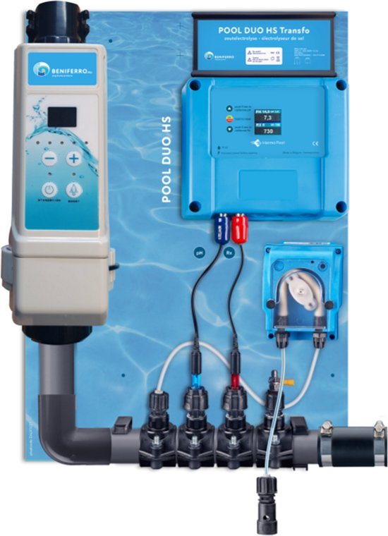 POOLTRONICS Zoutwatersysteem - Zoutelectrolyse zet zwembadzout om naar Chloor met Automatische Ph dosering - Zwembad Waterbehandeling systeem op Zoutwater - Zwembaden tem 60m³ - 21 g/u - MET FLOWSWITCH