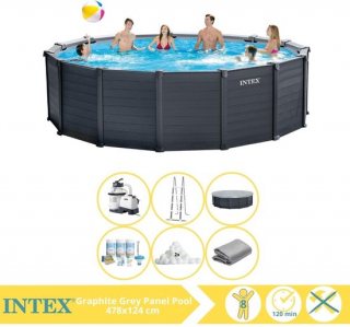 Intex Graphite Gray Panel Zwembad - Opzetzwembad - 478x124 cm - Inclusief Onderhoudspakket en Filterbollen