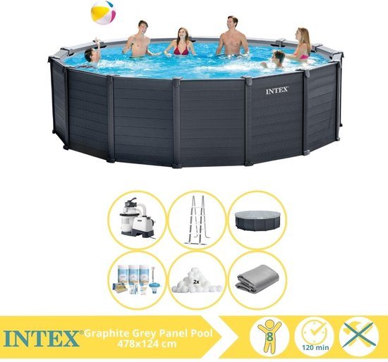 Intex Graphite Gray Panel Zwembad - Opzetzwembad - 478x124 cm - Inclusief Onderhoudspakket en Filterbollen