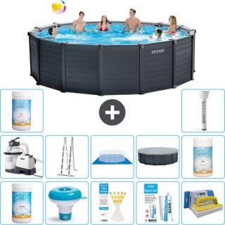 Intex Rond Graphite Gray Panel Zwembad - 478 x 124 cm - Inclusief Pomp - Ladder - Grondzeil - Afdekzeil Chloor - Chloordrijver - Testrips - Reparatiesetje - Scrubborstel - PH-waarde - PH-waarde - Thermometer