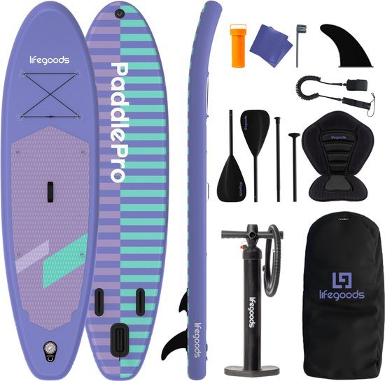 LifeGoods SUP Board Allround Compact - met Zitje - 120 KG Draagkracht - 300 x 76 cm - Opblaasbaar - Compleet SUP pakket - Paars