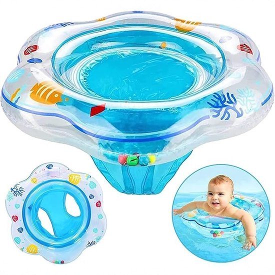 Babyzwemmat met zitje, geschikt voor baby's van 6-12 maanden | Dubbele airbags, verstevigd zitje, niet-giftig PVC-materiaal, lekvrij, draagvermogen 13,6 kg, transparante bodem, geschikt voor zwembaden en badkuipen (blauw)