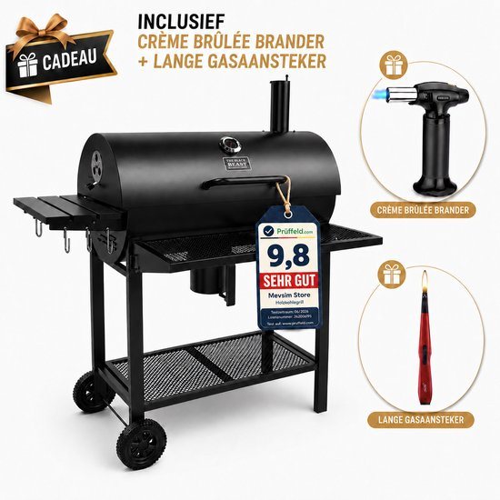 Houtskool BBQ - Smoker Barbecue XL - BBQ met Wielen - 70x37cm Grilloppervlak - Zijpanelen - Zwart - Inclusief Crème Brûlée Brander en Gasaansteker als Cadeau