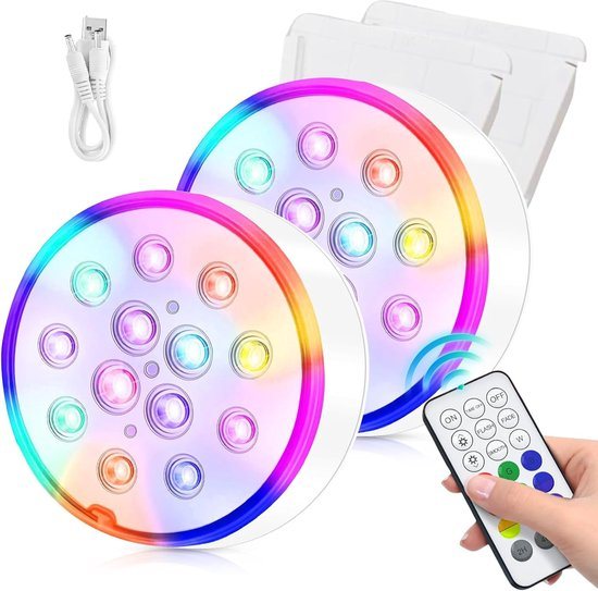 Twee oplaadbare, IP68 waterdichte RF-afstandsbedieningen met USB-timer, 16 RGB-kleuren en 13 LED's. Geschikt voor zwembaden, spa's, aquariums, vijvers, vazen en feesten.