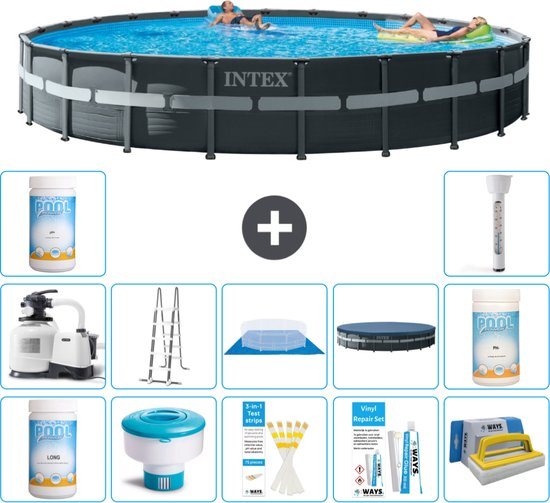 Intex Rond Ultra XTR Frame Zwembad - 732 x 132 cm - Inclusief Pomp - Ladder - Grondzeil - Afdekzeil Chloor - Chloordrijver - Testrips - Reparatiesetje - Scrubborstel - PH-waarde - PH-waarde - Thermometer
