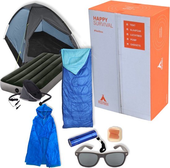 Festbox - Festivalpakket - Kampeerpakket - Festivaltent - Slaapzak - Luchtbed - Luchtpomp - 80x50x30 cm