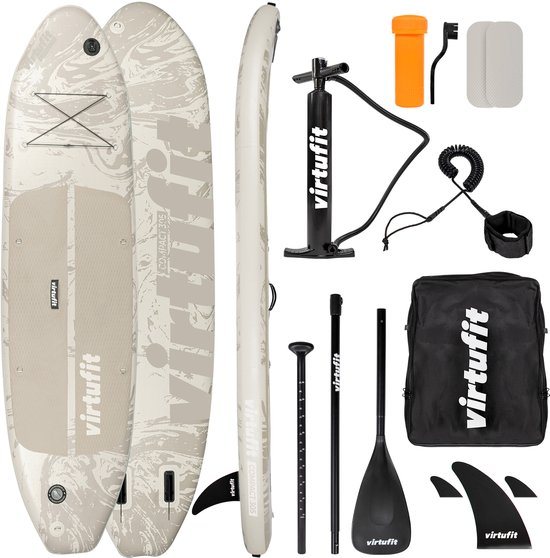 VirtuFit Supboard Ocean Compact 305 - Sand Beige - Stand Up Paddle Board - Supboard Opblaasbaar - Voor beginners en gevorderden - Met kajak zitje, accessoires en draagtas - Verstelbare peddel - Max. 180 kg