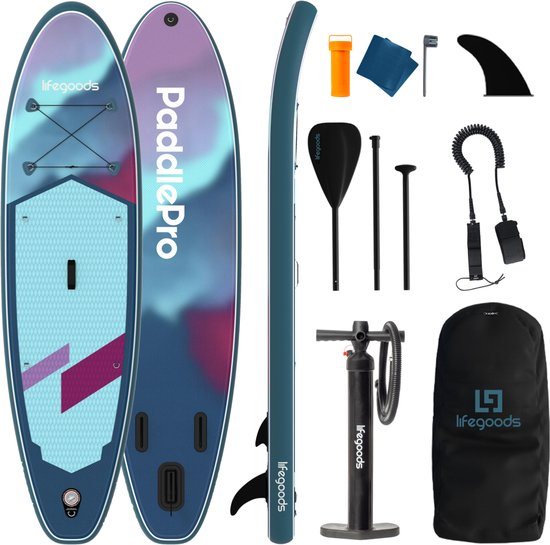 LifeGoods SUP Board Allround Compact - 120 KG Draagkracht - 300 x 76 cm - Opblaasbaar - Compleet SUP pakket - Blauw/Paars