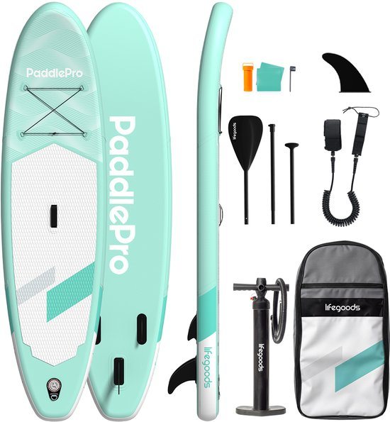LifeGoods SUP Board Allround Compact - 120 KG Draagkracht - 300 x 76 cm - Opblaasbaar - Compleet SUP pakket - Pastelgroen