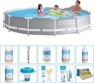 Intex Rond Prism Frame Zwembad - 366 x 76 cm - Grijs - Inclusief Chloor - Chloordrijver - Testrips - Reparatiesetje - Scrubborstel - PH-waarde - PH-waarde - Thermometer - Algen - Chloor